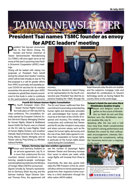 President Tsai Names TSMC Founder As Envoy for APEC Leaders' Meeting