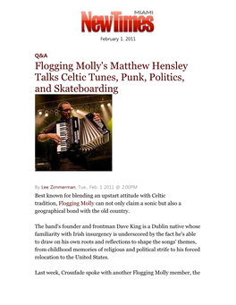 Flogging Molly's Matthew Hensley Talks Celtic Tunes, Punk, Politics, and Skateboarding