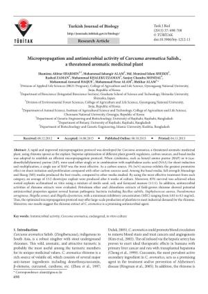 Micropropagation and Antimicrobial Activity of Curcuma Aromatica Salisb., a Threatened Aromatic Medicinal Plant