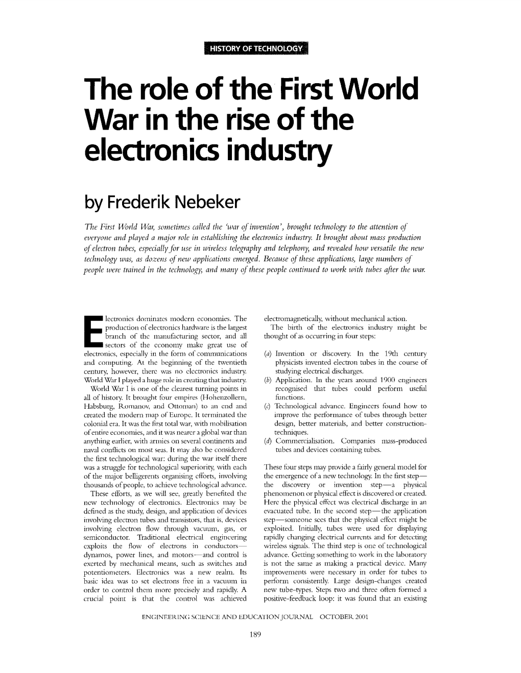 The Role of the First World War in the Rise of the Electronics Industry by Frederik Nebeker