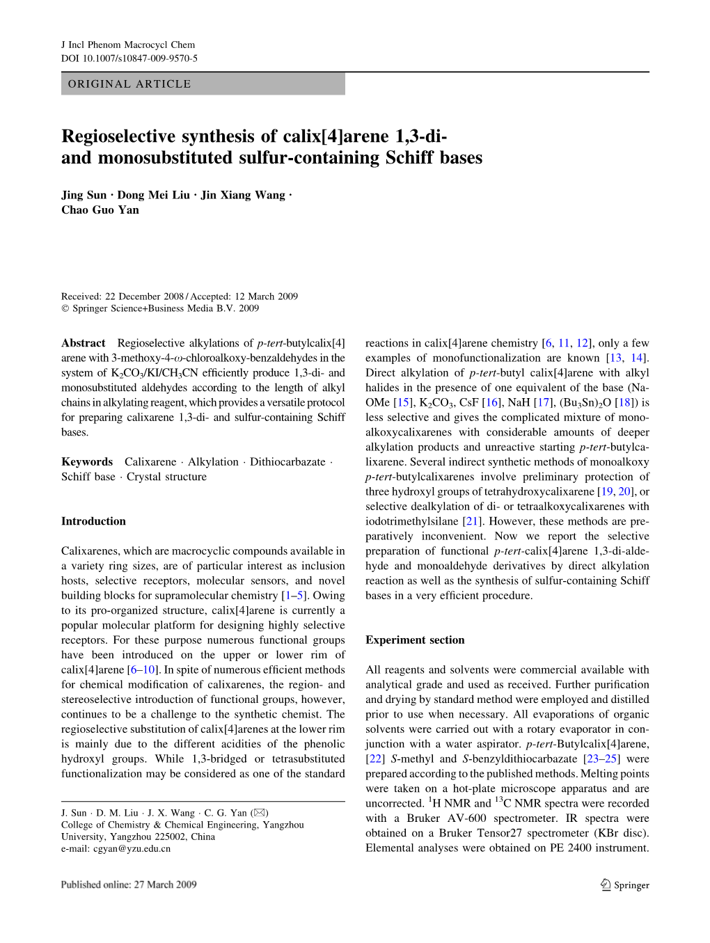 Regioselective Synthesis of Calix[4]Arene 1,3-Di- and Monosubstituted Sulfur-Containing Schiff Bases