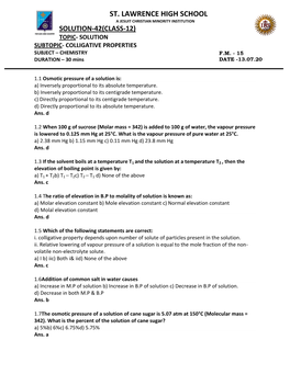 St. Lawrence High School a Jesuit Christian Minority Institution Solution-42(Class-12) Topic- Solution Subtopic- Colligative Properties Subject – Chemistry F.M