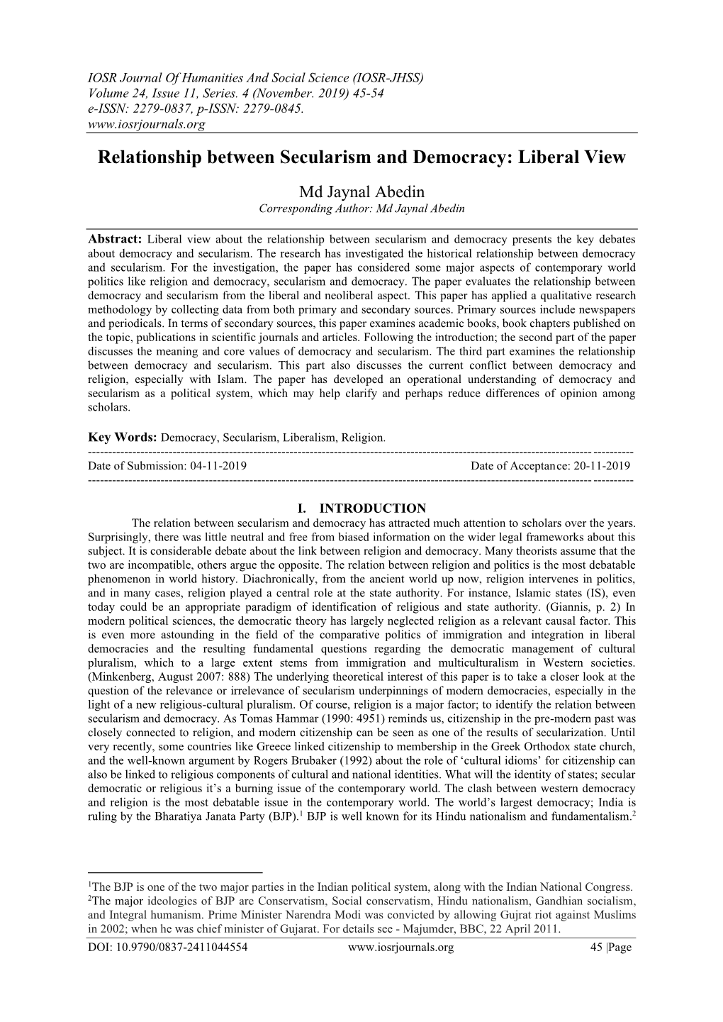 Relationship Between Secularism and Democracy: Liberal View