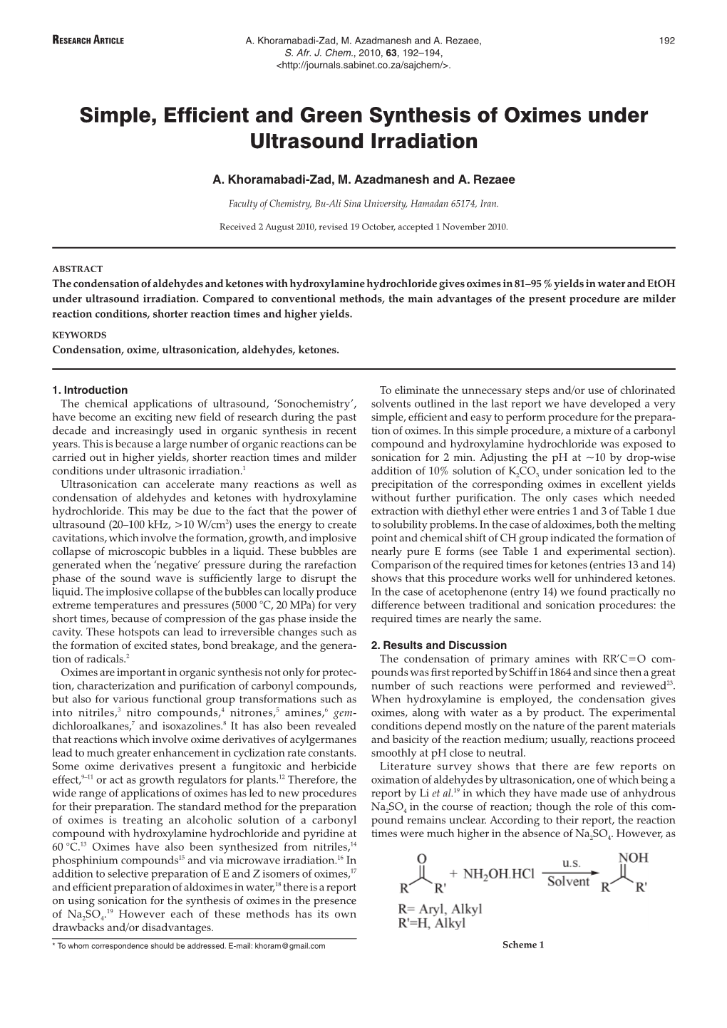 Simple, Efficient and Green Synthesis of Oximes Under Ultrasound Irradiation