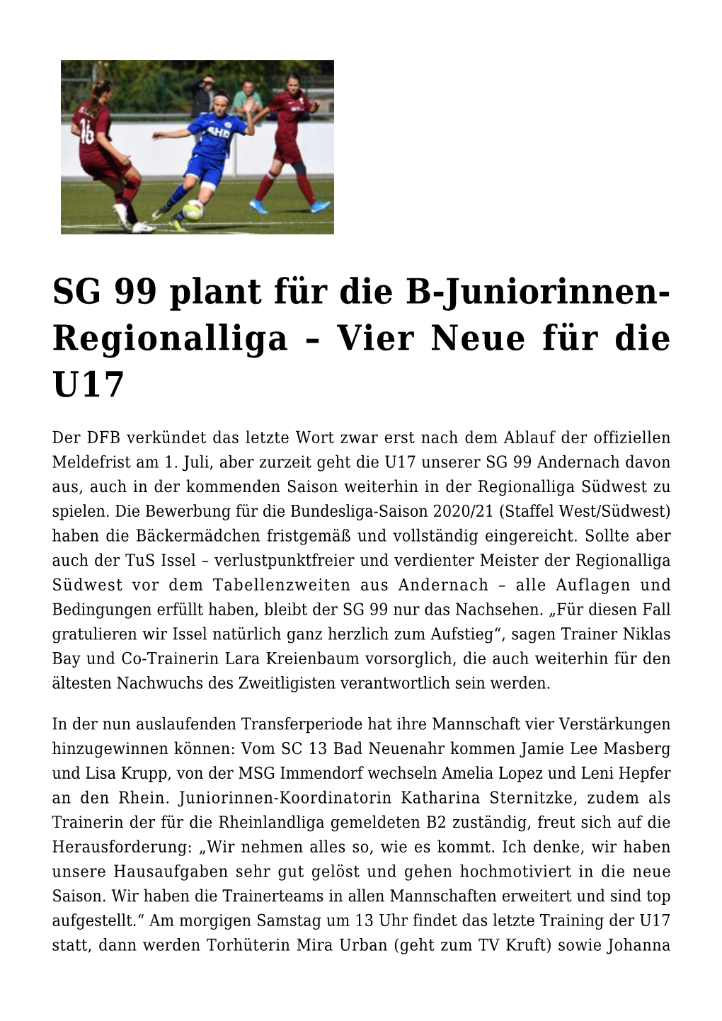 SG 99 Plant Für Die B-Juniorinnen-Regionalliga &#8211