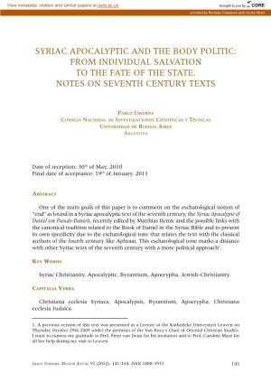 Syriac Apocalyptic and the Body Politic: from Individual Salvation to the Fate of the State