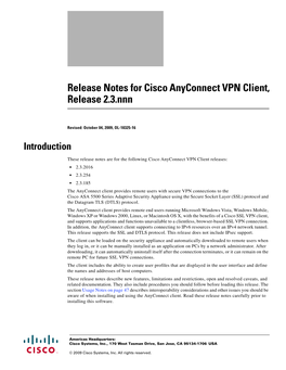 Release Notes for Cisco Anyconnect VPN Client, Release 2.3.Nnn