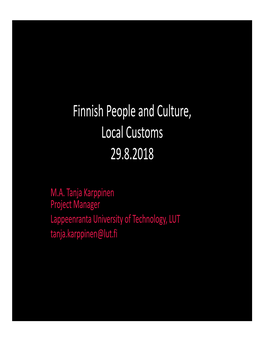 Finnish People and Culture, Local Customs 29.8.2018