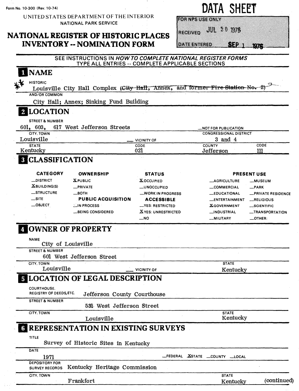 Data Sheet United States Department of the Interior National Park Service National Register of Historic Places Inventory -- Nomination Form