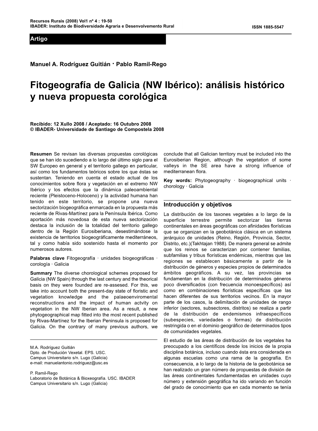 Fitogeografía De Galicia (NW Ibérico): Análisis Histórico Y Nueva Propuesta Corológica