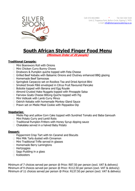 South African Styled Finger Food Menu (Minimum Order of 20 People)