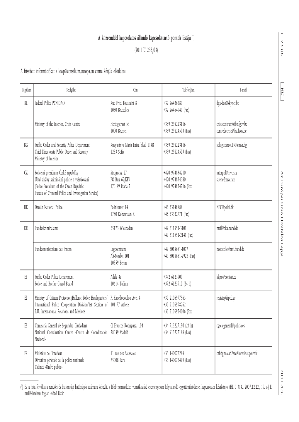 A Közrenddel Kapcsolatos Állandó Kapcsolattartó Pontok Listája (1) (2011/C 233/03)