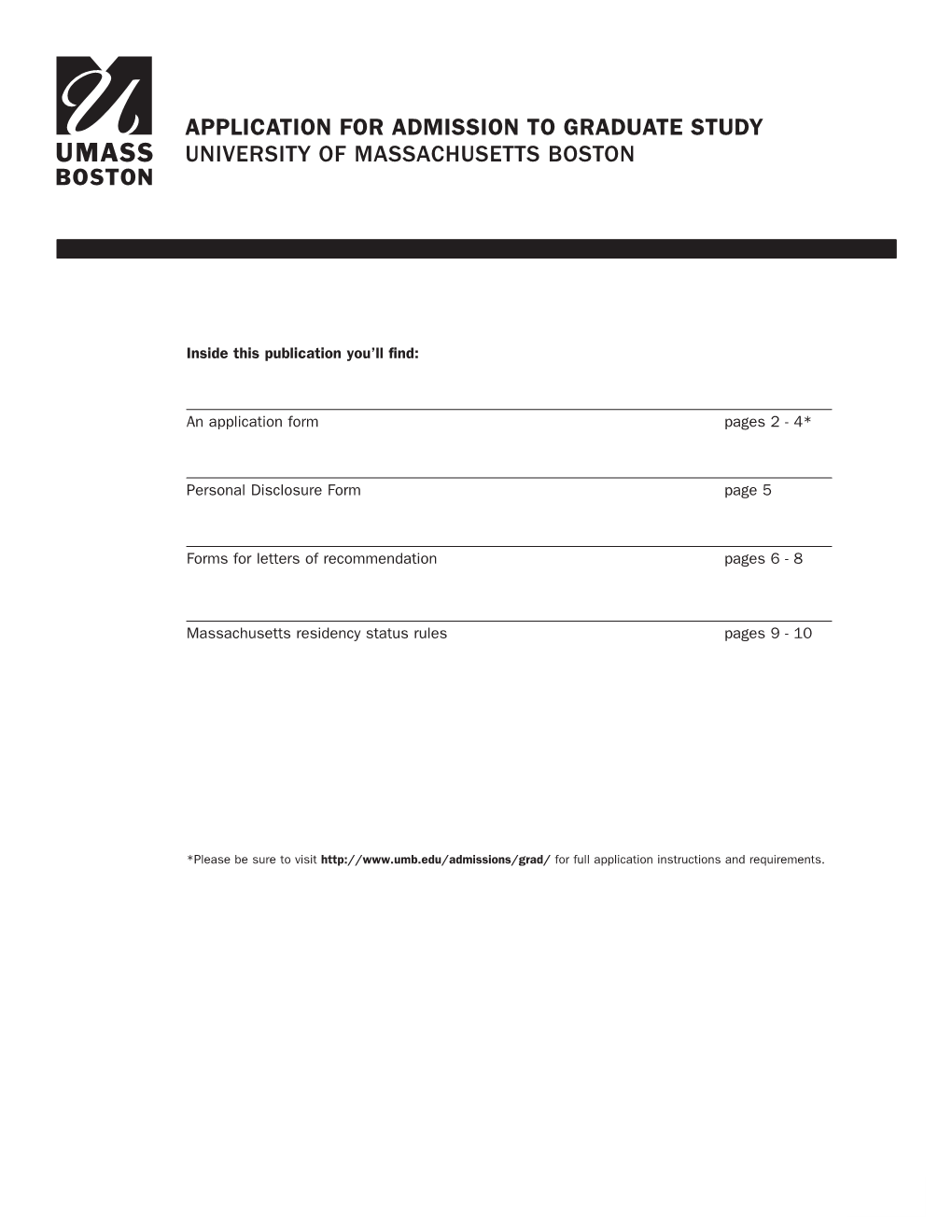 Application for Admission to Graduate Study University of Massachusetts Boston