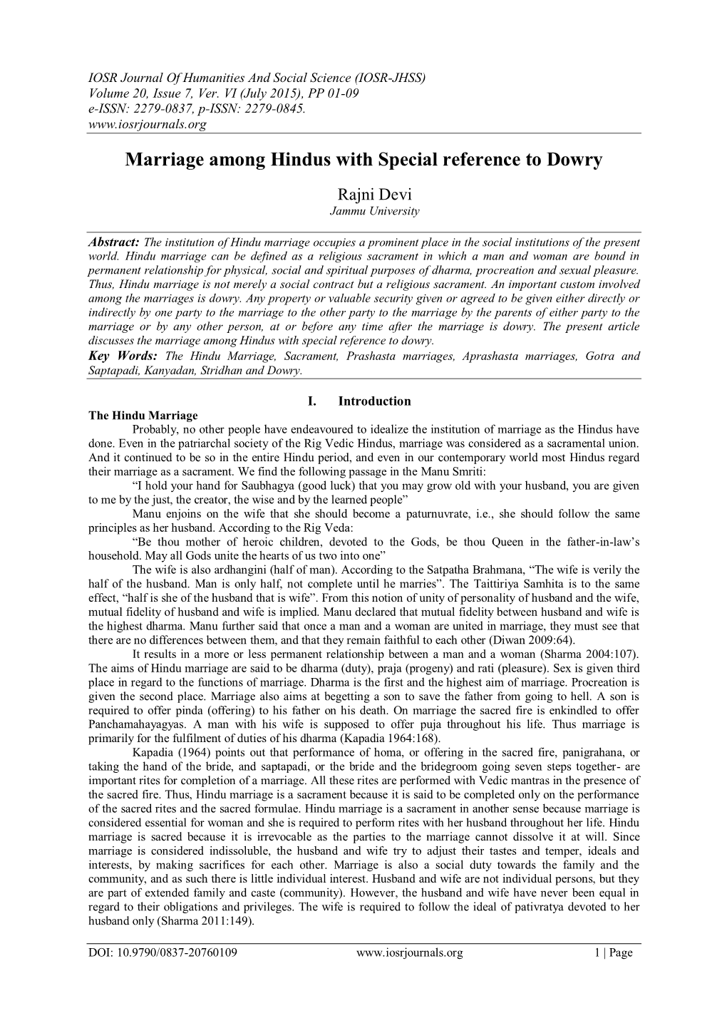 Marriage Among Hindus with Special Reference to Dowry