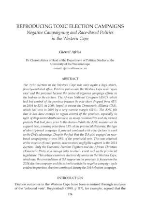 REPRODUCING TOXIC ELECTION CAMPAIGNS Negative Campaigning and Race-Based Politics in the Western Cape