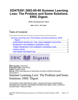 ED475391 2003-05-00 Summer Learning Loss: the Problem and Some Solutions