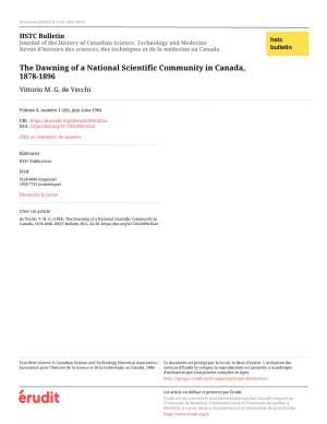 The Dawning of a National Scientific Community in Canada, 1878-1896 Vittorio M