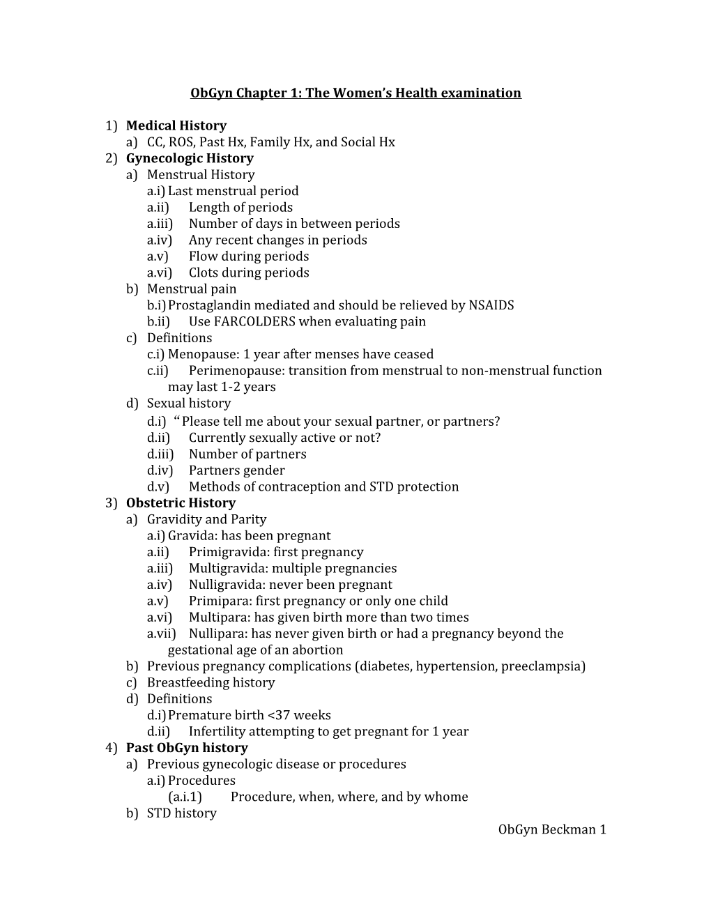 Obgyn Chapter 1: the Women S Health Examination