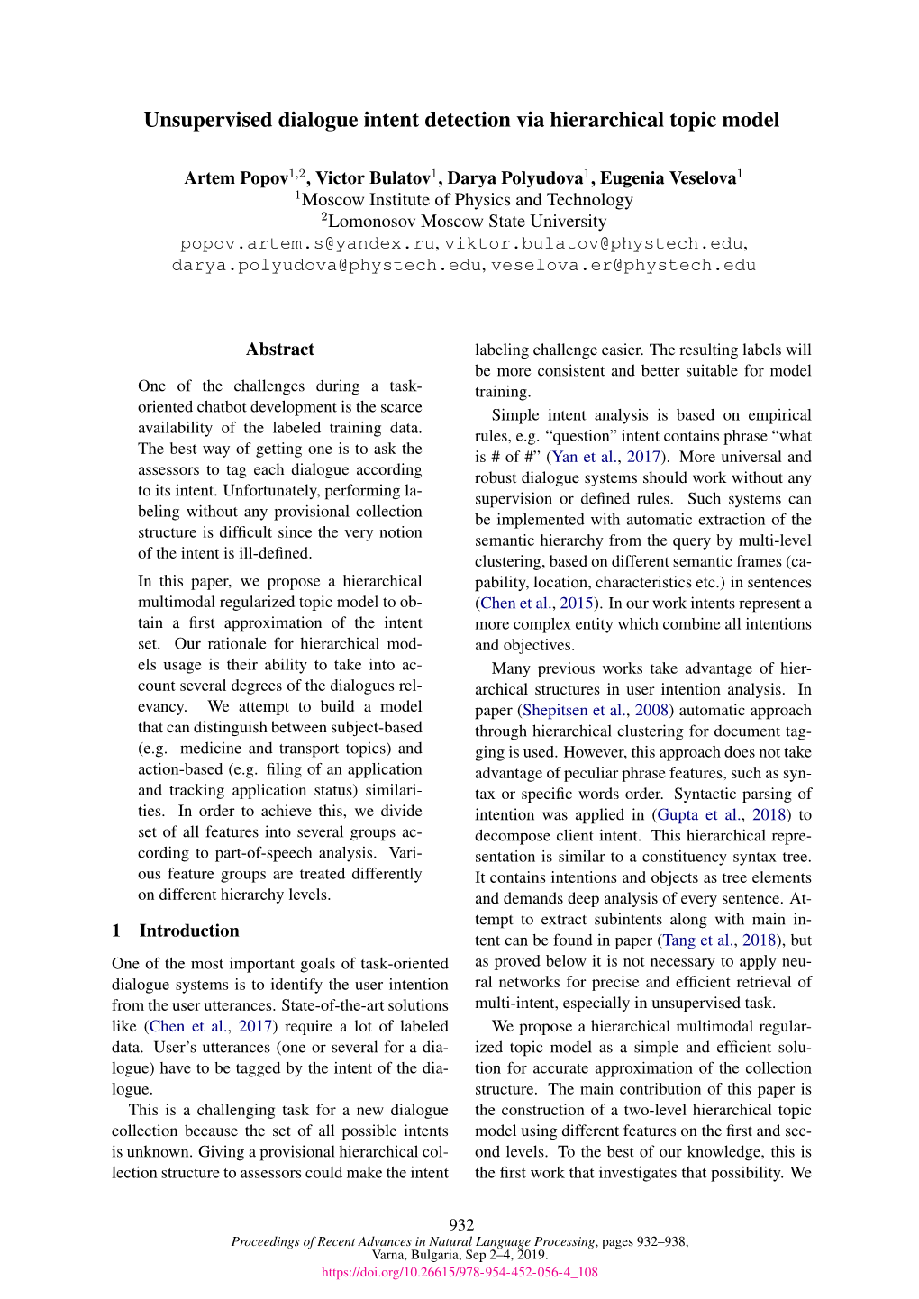 Unsupervised Dialogue Intent Detection Via Hierarchical Topic Model