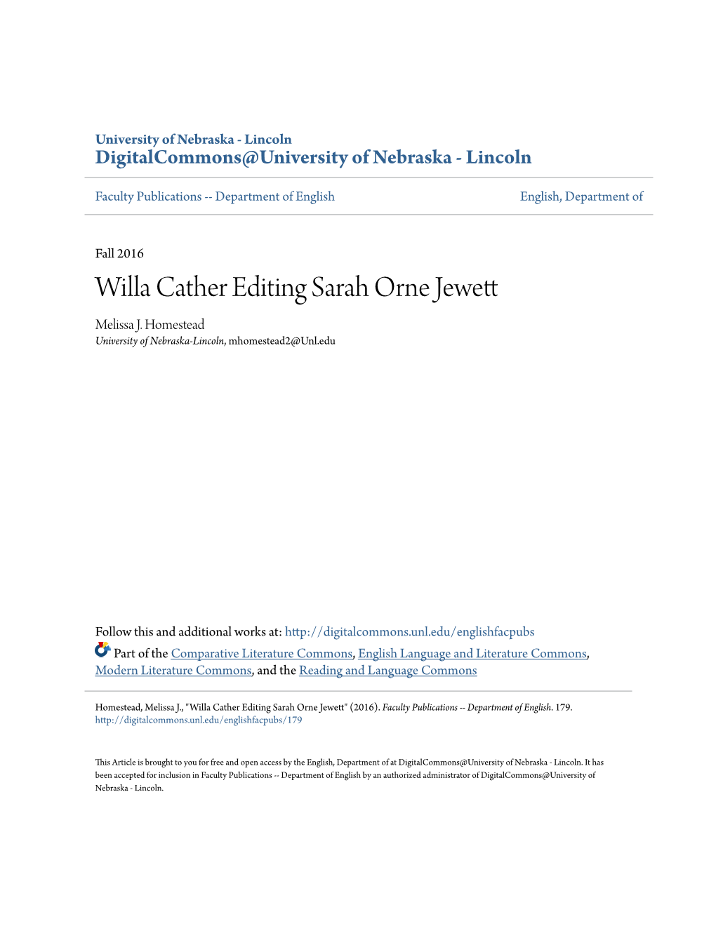 Willa Cather Editing Sarah Orne Jewett Melissa J