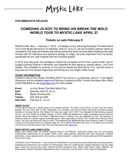 Comedian Jo Koy to Bring His Break the Mold World Tour to Mystic Lake April 27