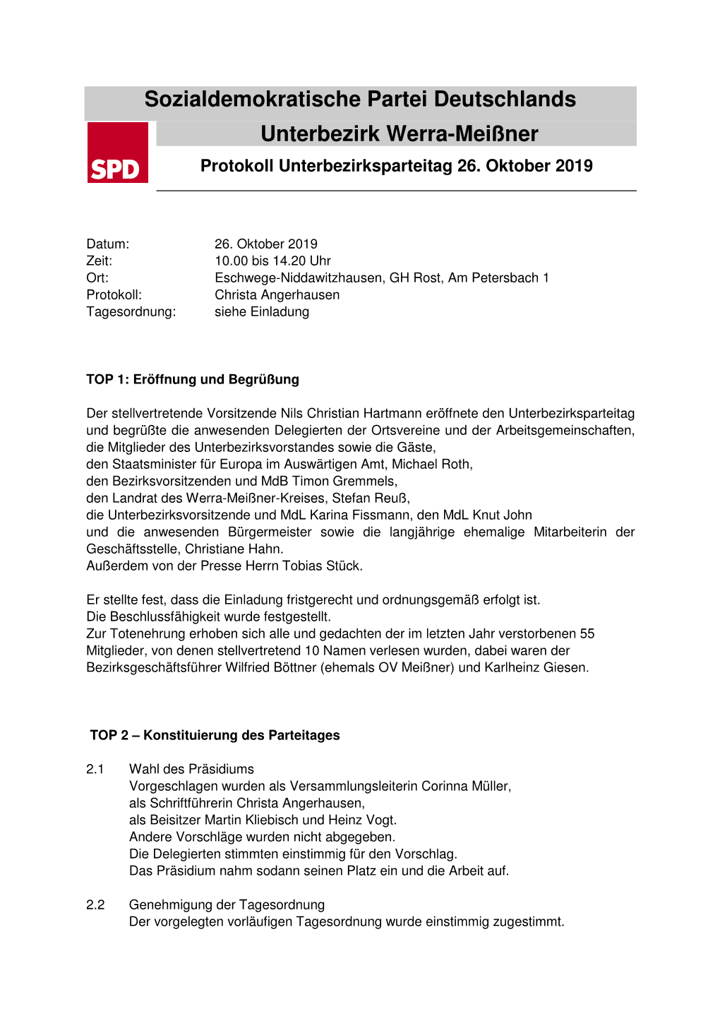 Sozialdemokratische Partei Deutschlands Unterbezirk Werra-Meißner Protokoll Unterbezirksparteitag 26