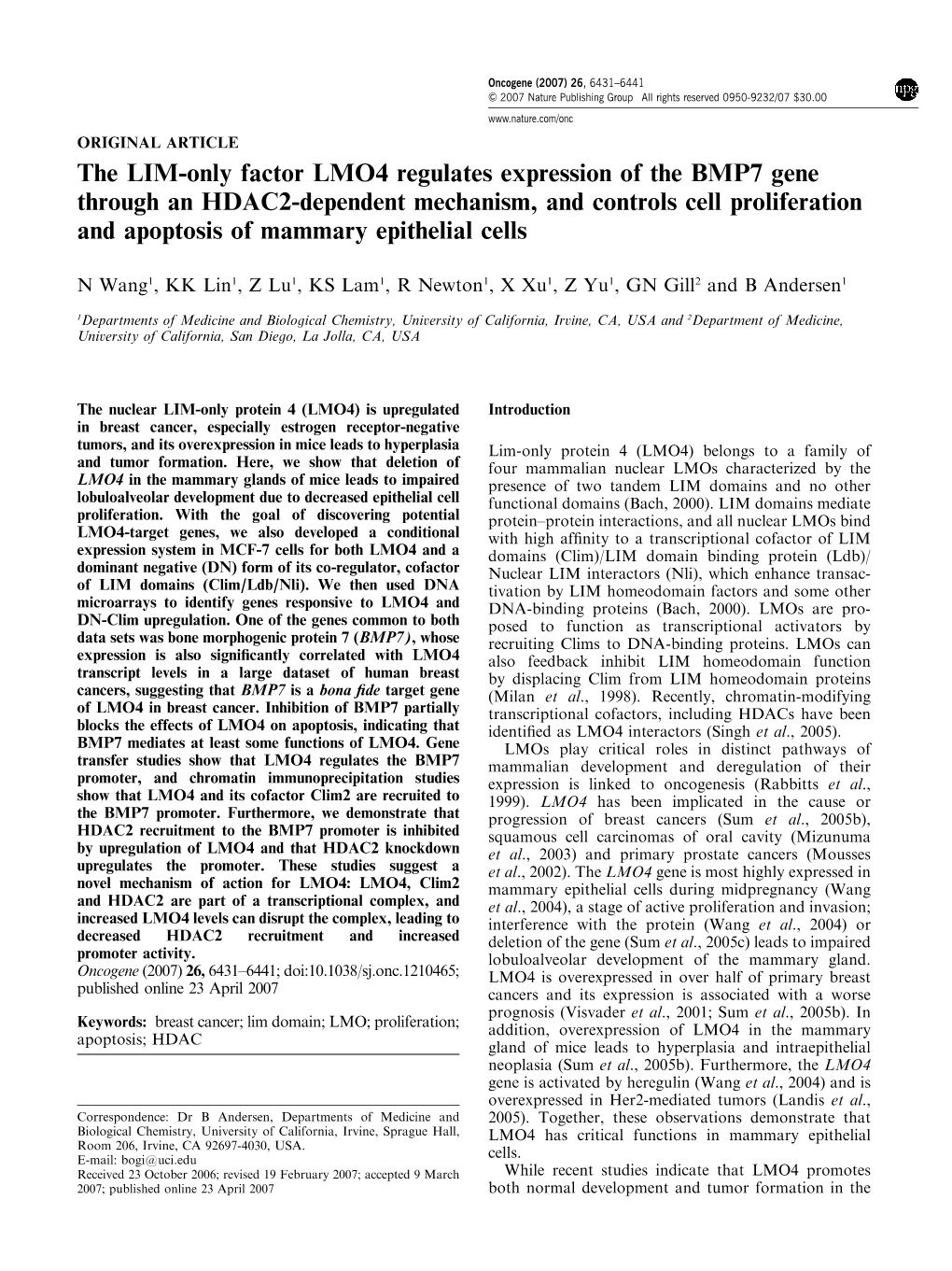 The LIM-Only Factor LMO4 Regulates Expression of the BMP7 Gene Through an HDAC2-Dependent Mechanism, and Controls Cell Prolifera