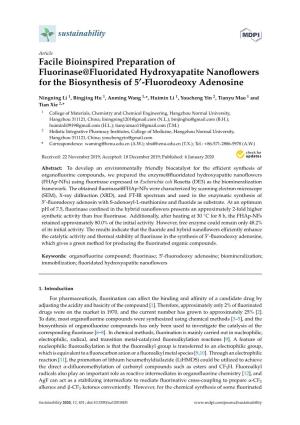 Facile Bioinspired Preparation of Fluorinase@Fluoridated Hydroxyapatite Nanoﬂowers 0 for the Biosynthesis of 5 -Fluorodeoxy Adenosine