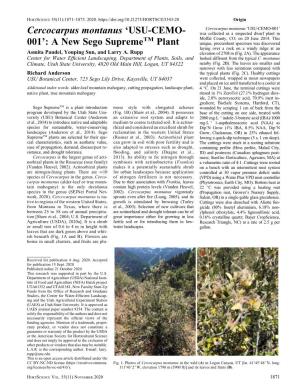 Cercocarpus Montanus Cercocarpus Montanus ‘USU-CEMO-001’ ‘USU-CEMO- Was Collected As a Suspected Dwarf Plant in TM Moffat County, CO, on 20 June 2014