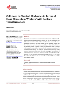 Collisions in Classical Mechanics in Terms of Mass-Momentum “Vectors” with Galilean Transformations