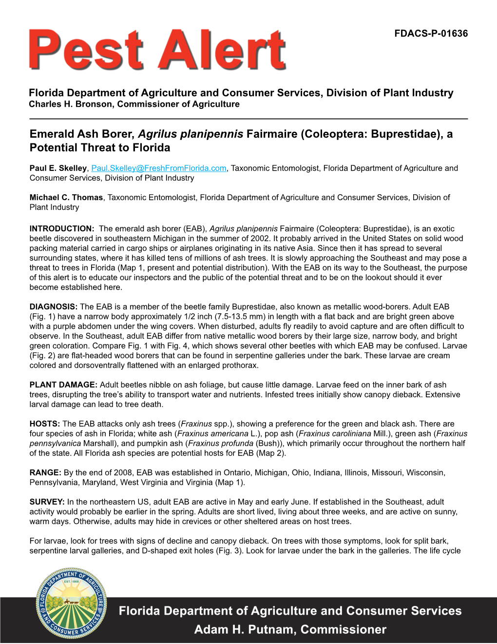 Emerald Ash Borer, Agrilus Planipennis Fairmaire (Coleoptera: Buprestidae), a Potential Threat to Florida