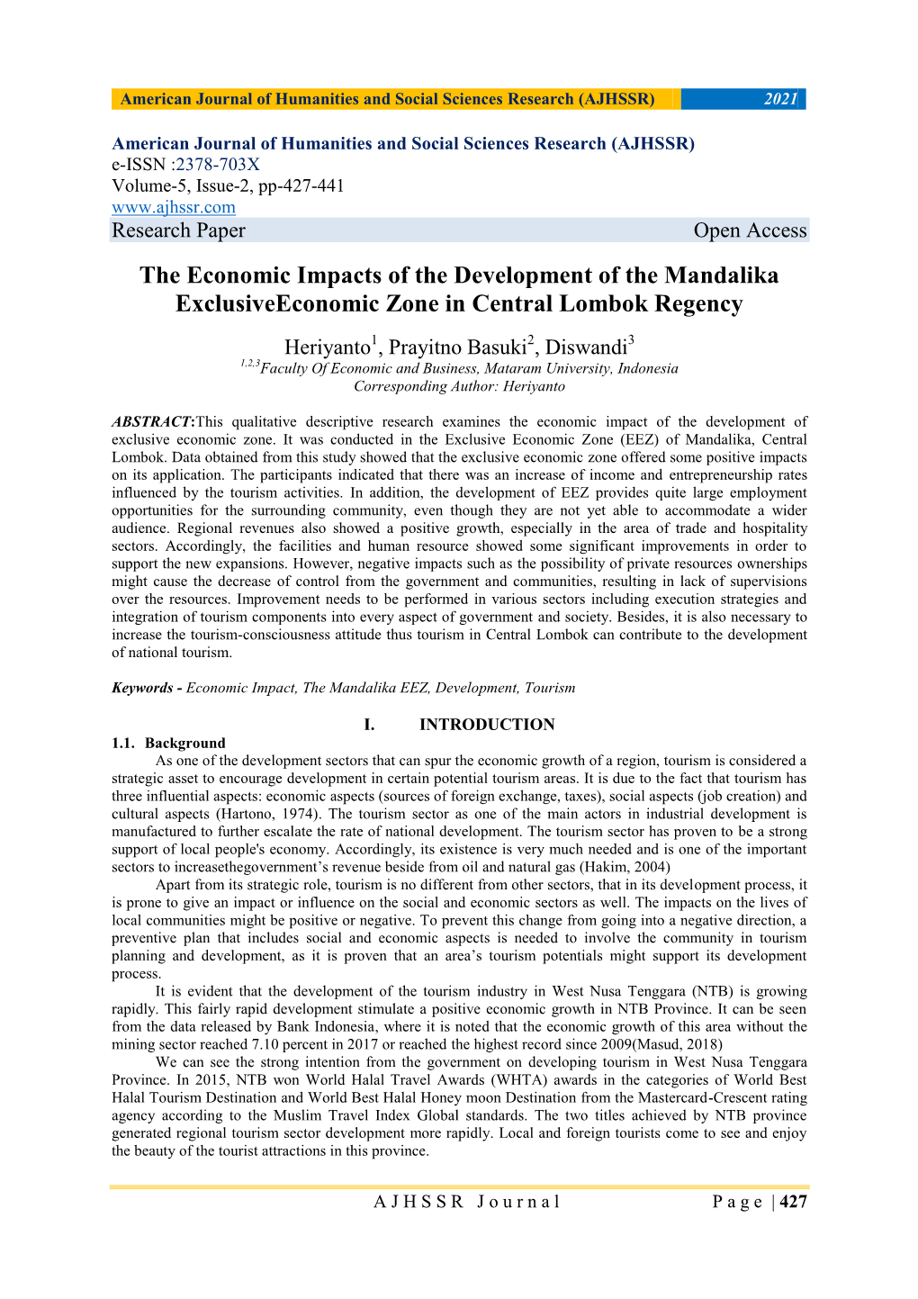 The Economic Impacts of the Development of the Mandalika Exclusiveeconomic Zone in Central Lombok Regency