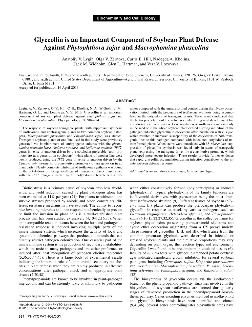 Glyceollin Is an Important Component of Soybean Plant Defense Against Phytophthora Sojae and Macrophomina Phaseolina