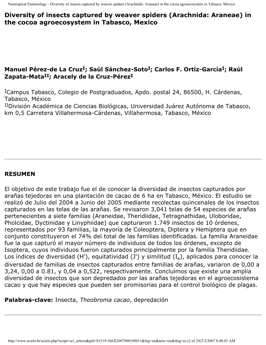 Neotropical Entomology - Diversity of Insects Captured by Weaver Spiders (Arachnida: Araneae) in the Cocoa Agroecosystem in Tabasco, Mexico