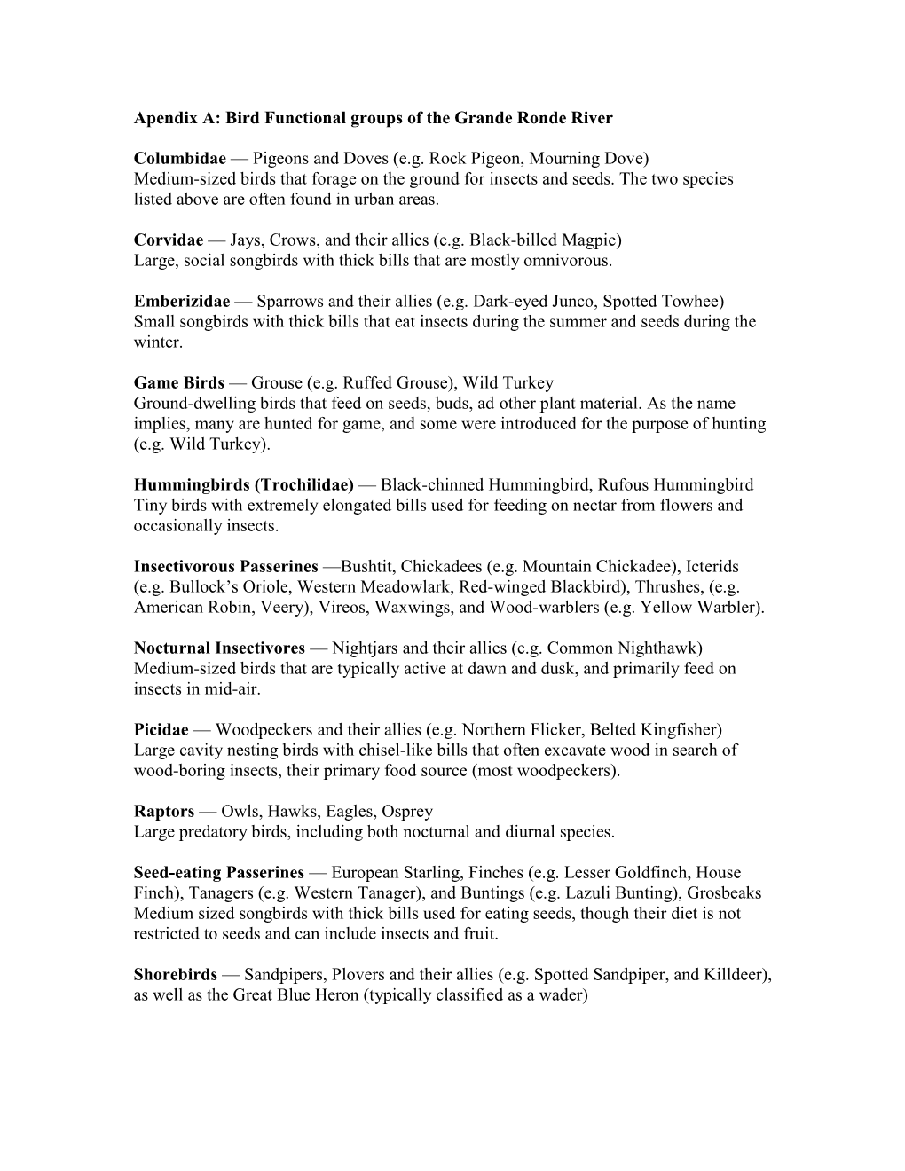 Apendix A: Bird Functional Groups of the Grande Ronde River