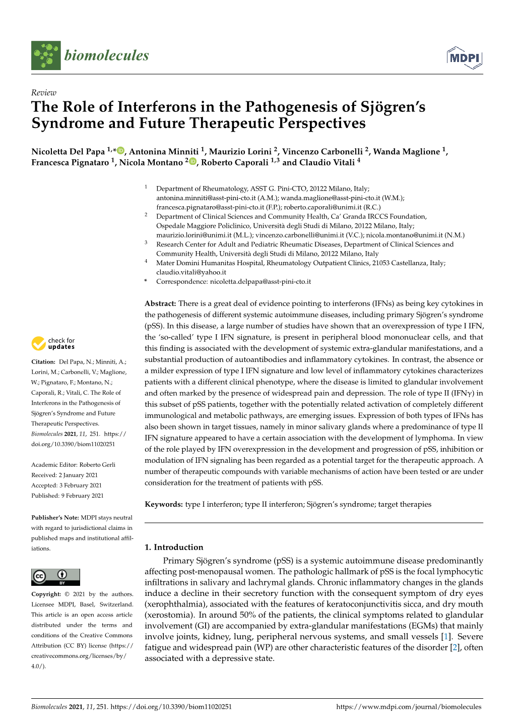 The Role of Interferons in the Pathogenesis of Sjögren's Syndrome and Future Therapeutic Perspectives