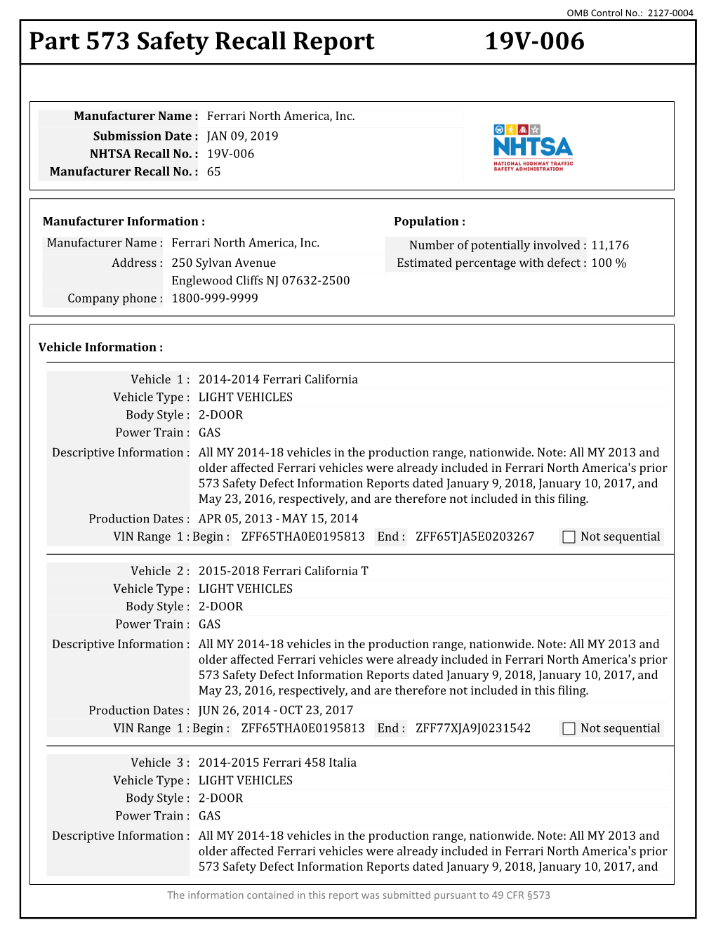 Part 573 Safety Recall Report 19V-006