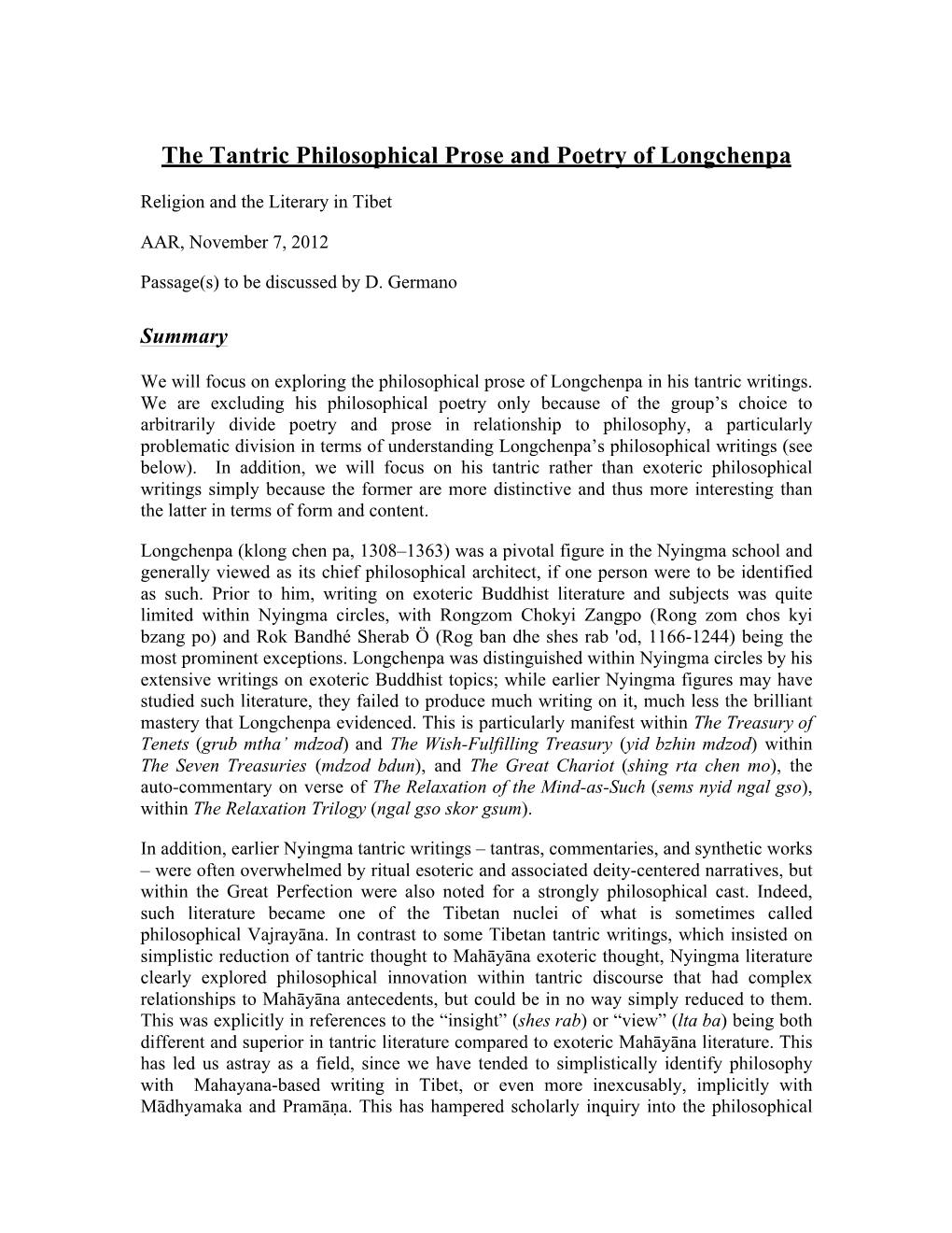 The Tantric Philosophical Prose and Poetry of Longchenpa