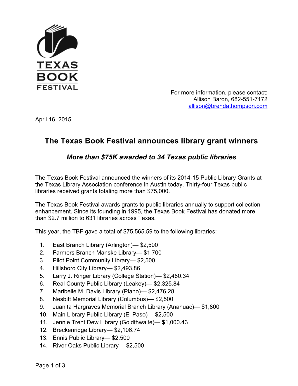 The Texas Book Festival Announces Library Grant Winners