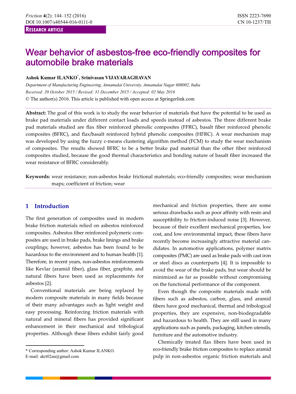 Wear Behavior of Asbestos-Free Eco-Friendly Composites for Automobile Brake Materials