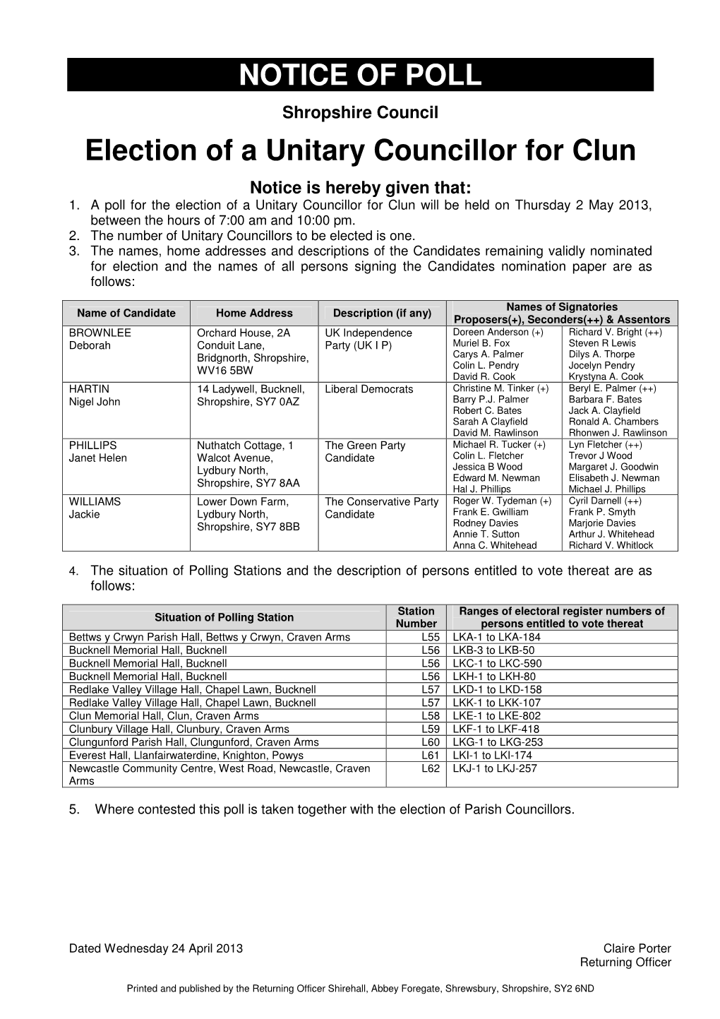 NOTICE of POLL Election of a Unitary Councillor for Clun