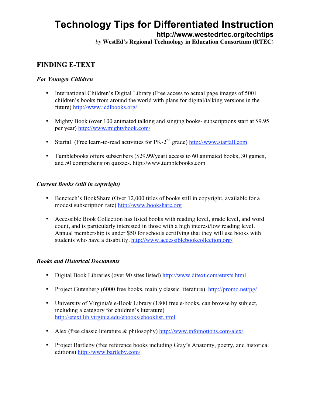 Technology Tips for Differentiated Instruction by Wested’S Regional Technology in Education Consortium (RTEC)