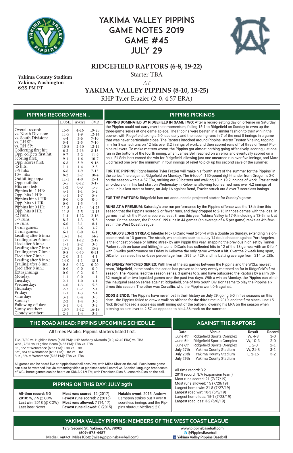 Yakima Valley Pippins Game Notes 2019 Game #45 July 29