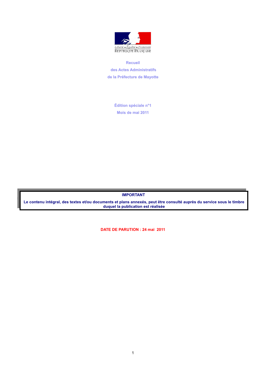 Recueil Des Actes Administratifs De La Préfecture De Mayotte Édition