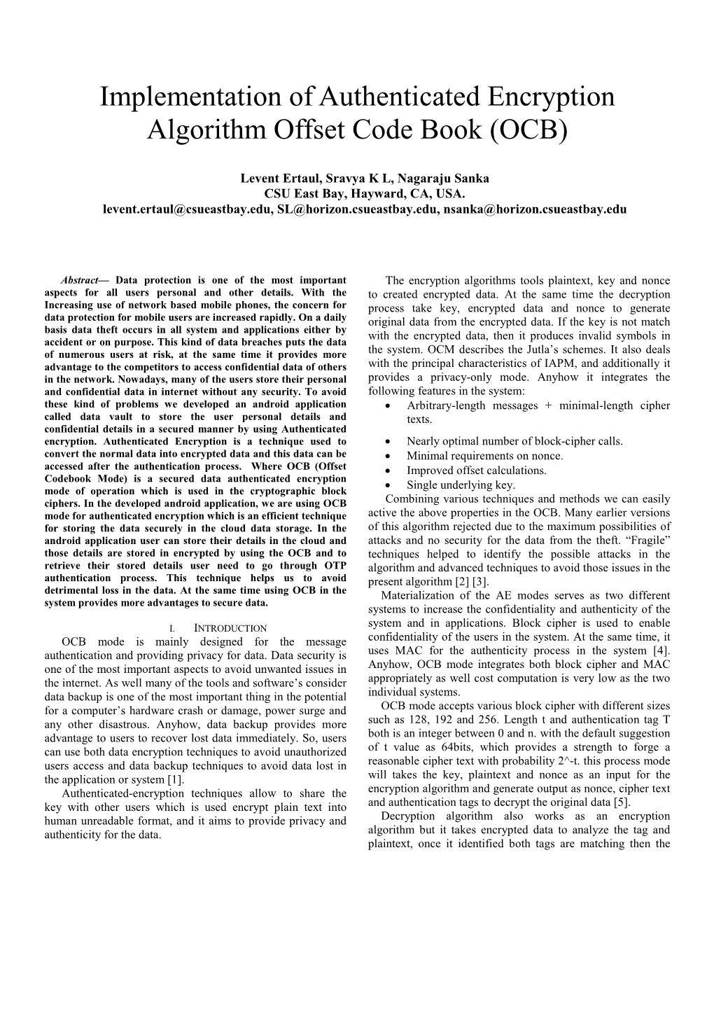 Implementation of Authenticated Encryption Algorithm Offset Code Book (OCB)