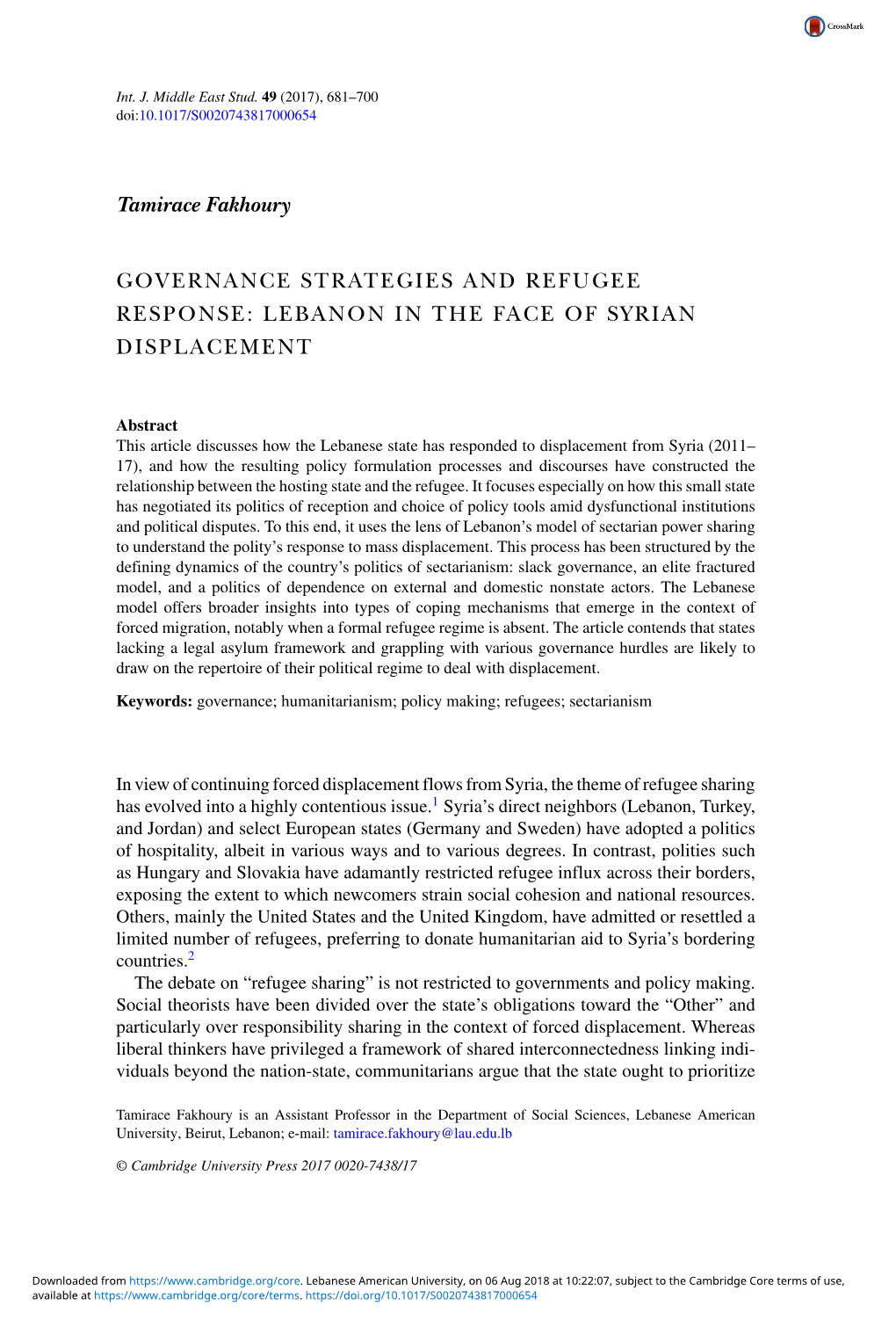 Tamirace Fakhoury GOVERNANCE STRATEGIES and REFUGEE