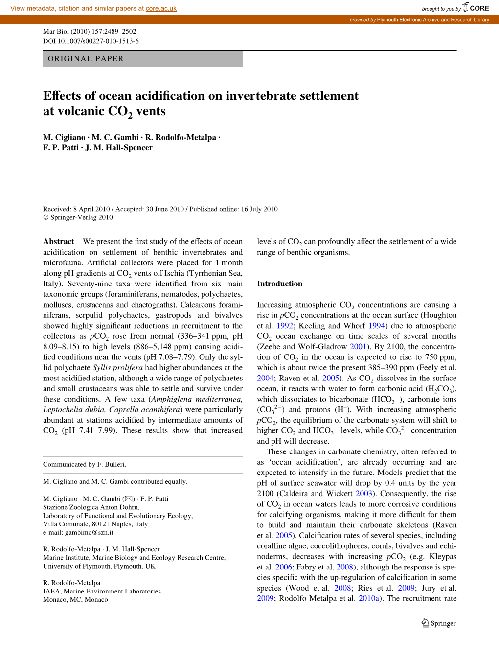 Evects of Ocean Acidiwcation on Invertebrate Settlement at Volcanic CO Vents