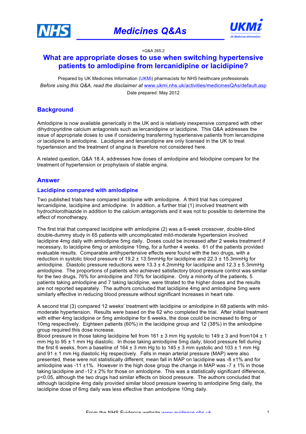 UKMI Switching Doses for Amlodipine