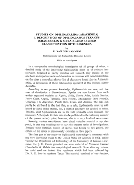 Studies on Opilioacarida (Arachnida) I. Description of Opilioacarus Texanus (Chamberlin & Mulaik) and Revised Classification of the Genera