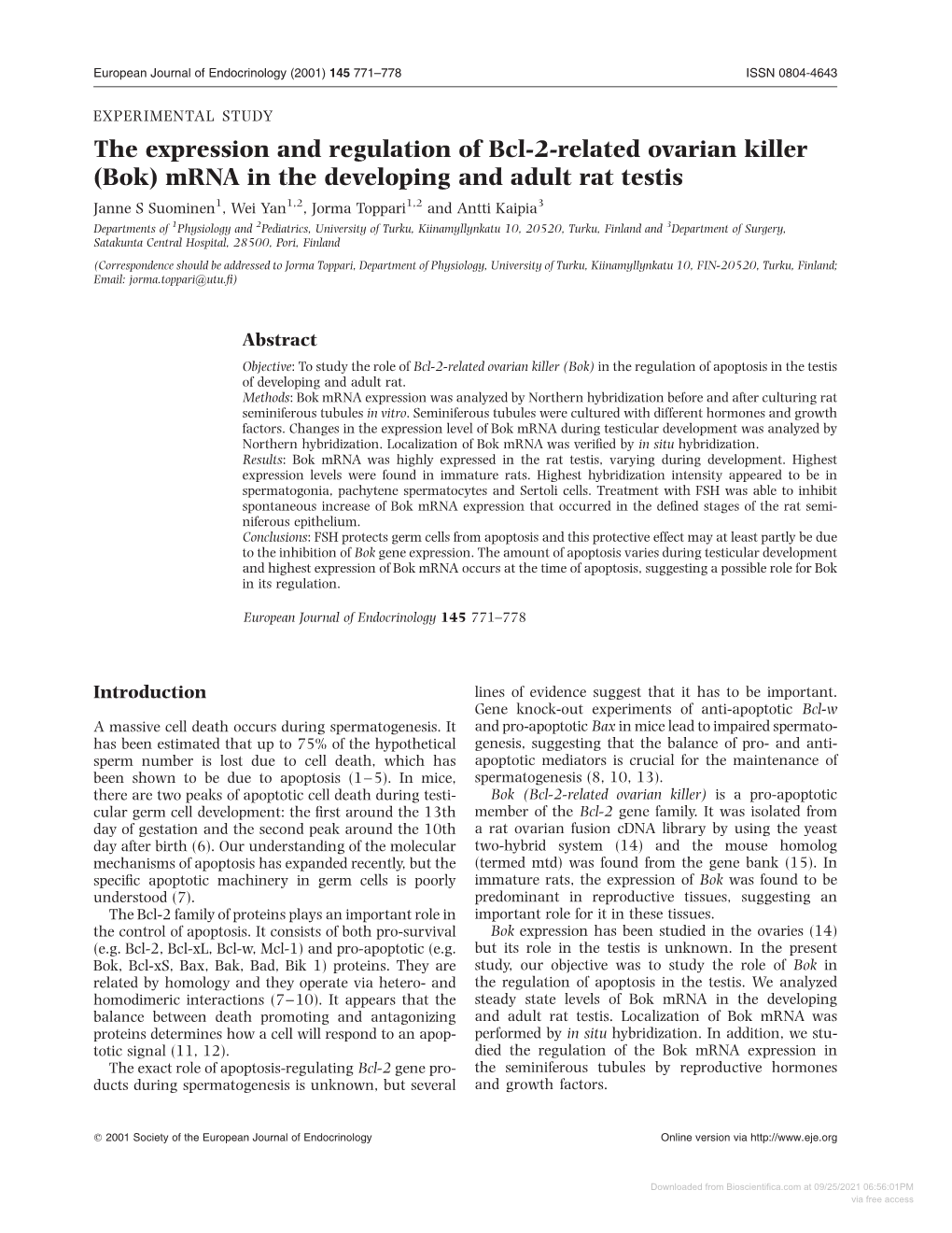 The Expression and Regulation of Bcl-2-Related Ovarian Killer (Bok) Mrna in the Developing and Adult Rat Testis